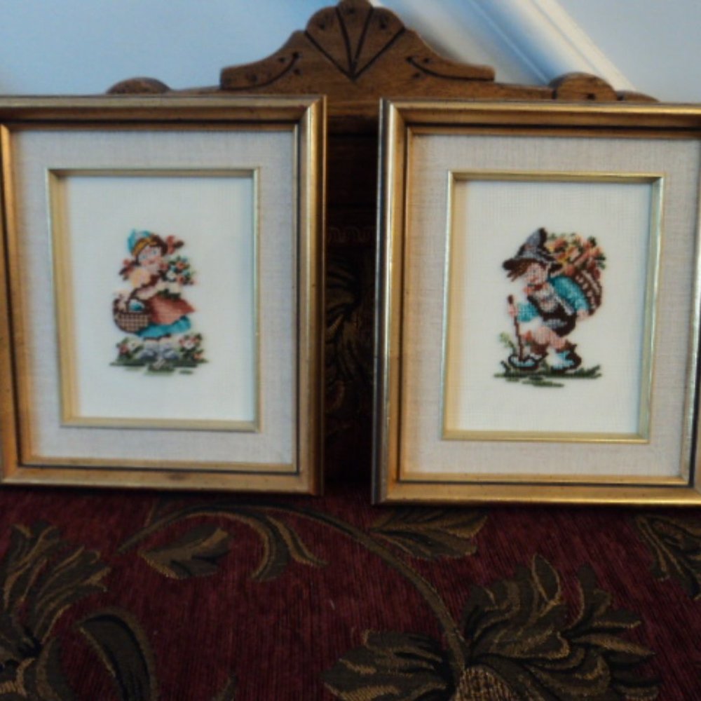 Hummel framed petit point needlework pictures set of 2